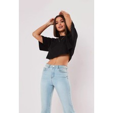 Siyah %100 Pamuk Bisiklet Yaka Crop T-Shirt