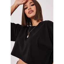 Siyah %100 Pamuk Bisiklet Yaka Crop T-Shirt
