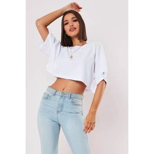 Beyaz %100 Pamuk Bisiklet Yaka Oversize Crop T-Shirt
