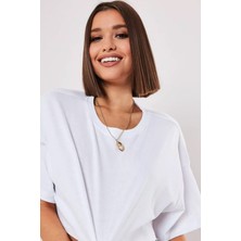 Beyaz %100 Pamuk Bisiklet Yaka Oversize Crop T-Shirt