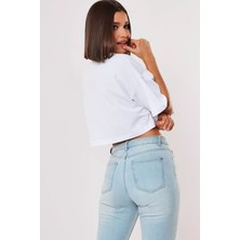 Beyaz %100 Pamuk Bisiklet Yaka Oversize Crop T-Shirt