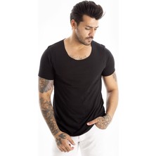 DeepSEA Siyah Geniş Yaka Likralı Tişört Oval Yaka Slim Fit Eteği Oval Açık Yaka T-shirt 1801199
