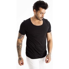 DeepSEA Siyah Geniş Yaka Likralı Tişört Oval Yaka Slim Fit Eteği Oval Açık Yaka T-shirt 1801199
