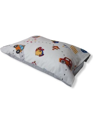 35X45 cm Pamuklu Kumaştan Bebek Yastığı (Trafik Arabalı Desen/düz Gri)