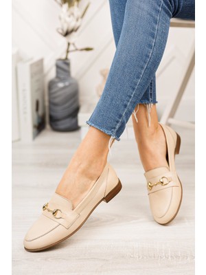 Hakiki Deri Bej Kadın Deri Loafer TRC58-2001