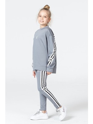 Black One Kız Çocuk Tayt-Sweat Takımı Salaş Yırtmaçlı Şerit Detaylı