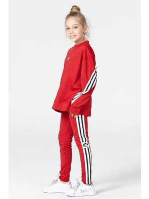 Black One Kız Çocuk Salaş Yırtmaçlı Tayt-Sweat Takımı Şerit Detaylı Kırmızı Renkli