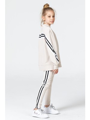 Black One Kız Çocuk Oversize Tayt-Sweat Takımı Yırtmaçlı ve Şerit Detaylı 10-11 Yaş