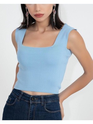 As Collection Mavi Kare Yaka Likralı Fit Triko Kadın Crop Bluz