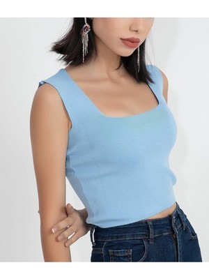 As Collection Mavi Kare Yaka Likralı Fit Triko Kadın Crop Bluz