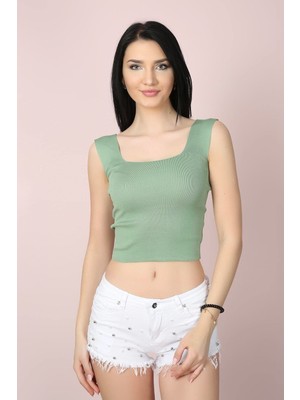 As Collection Su Yeşili Kare Yaka Likralı Fit Triko Kadın Crop Bluz