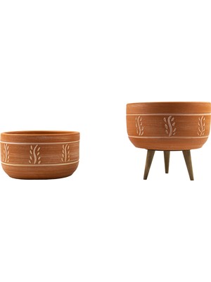 Bitki Tasarımı Terakota Nakış Desenli Toprak Aranjman ve Bonzai Saksı Ayaksız ve 3 Ayaklı İkili Set