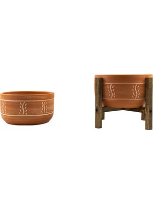 Bitki Tasarımı Terakota Nakış Desenli Toprak Aranjman ve Bonzai Saksı Ayaksız ve 4 Ayaklı İkili Set