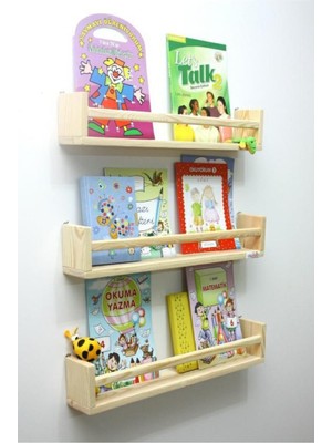 Atölye7 Tasarım 60 cm 3'lü Montessori Çocuk Odası Ahşap Duvar Raf Kitaplık