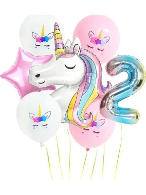 Pazariz  Gökkuşağı Rakam Unicorn Folyo Balon Seti 2 Yaş
