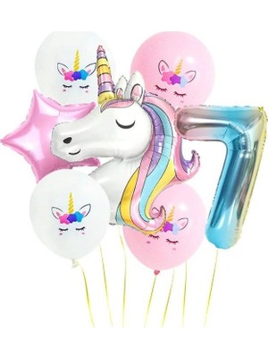Pazariz  Gökkuşağı Rakam Unicorn Folyo Balon Seti 7 Yaş