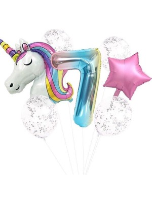 Pazariz  Unicorn Folyo Balon Doğum Günü Seti 7 Yaş