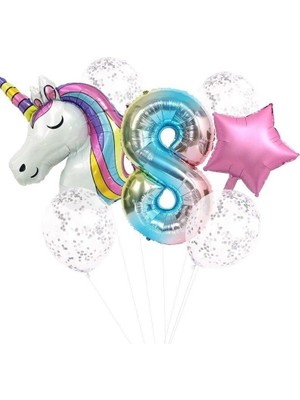 Pazariz  Unicorn Folyo Balon Doğum Günü Seti 8 Yaş