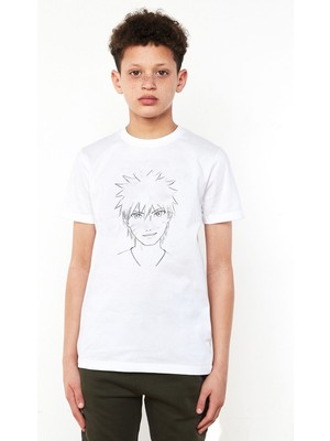 Qivi Anime Naruto Baskılı Unisex Çocuk Beyaz T-Shirt