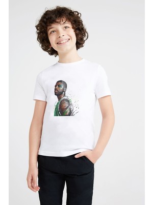 Qivi Basketbol Sporcu Baskılı Unisex Çocuk Beyaz T-Shirt