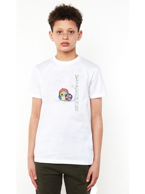 Qivi Ağaç Dal Üzerinde Baykuş Owl Moon Baskılı Unisex Çocuk Beyaz T-Shirt