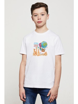 Qivi 23 Nisan Ulusal Egemenlik ve Çocuk Baskılı Unisex Çocuk Beyaz T-Shirt