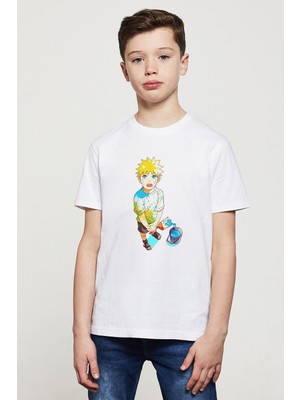 Qivi Anime Naruto Uzumaki Baskılı Unisex Çocuk Beyaz T-Shirt