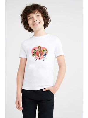 Qivi Powerpuff Girls Heart Baskılı Unisex Çocuk Beyaz T-Shirt