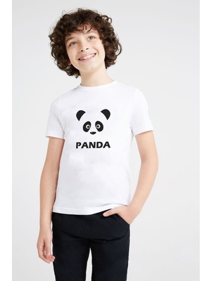Qivi Panda Baskılı Unisex Çocuk Beyaz T-Shirt