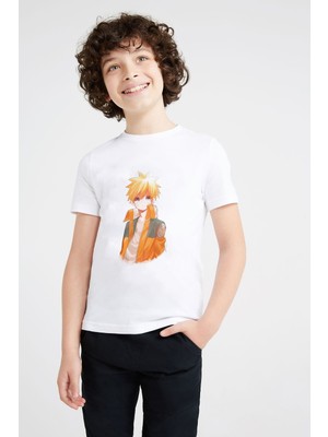 Qivi Anime Naruto Baskılı Unisex Çocuk Beyaz T-Shirt