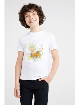 Qivi Anime Dragon Ball Baskılı Unisex Çocuk Beyaz T-Shirt