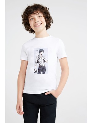 Qivi Anime Attack On Titan Baskılı Unisex Çocuk Beyaz T-Shirt
