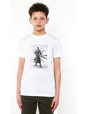 Qivi Anime One Piece Flame Baskılı Unisex Çocuk Beyaz T-Shirt