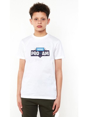 Qivi Fortnıte Pro Am Pro Baskılı Unisex Çocuk Beyaz T-Shirt