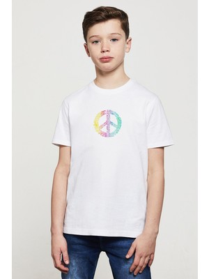 Qivi Peace Hippie Peace Symbols Baskılı Unisex Çocuk Beyaz T-Shirt