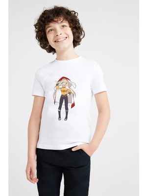 Qivi Anime Naruto Baskılı Unisex Çocuk Beyaz T-Shirt