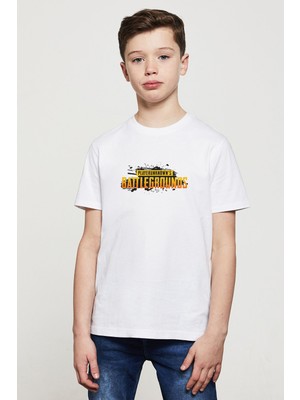 Qivi Pubg Splash Logo Baskılı Unisex Çocuk Beyaz T-Shirt