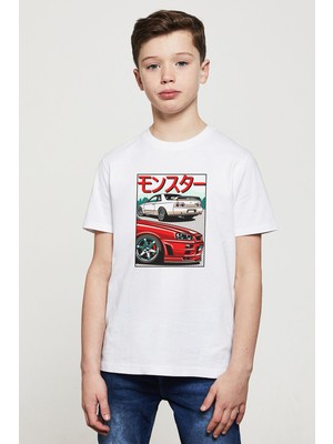 Qivi Nissan Skyline Gtr R32 & R34 Baskılı Unisex Çocuk Beyaz T-Shirt