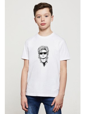 Qivi Stranger Things Steve Baskılı Unisex Çocuk Beyaz T-Shirt