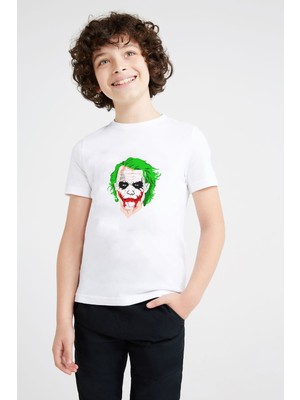 Qivi Joker Color Face Baskılı Unisex Çocuk Beyaz T-Shirt