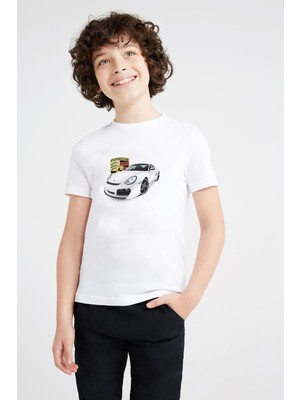 Qivi Porsche Baskılı Unisex Çocuk Beyaz T-Shirt