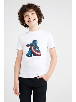 Qivi Captain America LEGO Baskılı Unisex Çocuk Beyaz T-Shirt