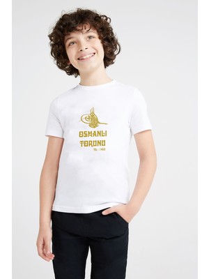 Qivi Osmanlı Torunu Tugra 1453 Baskılı Unisex Çocuk Beyaz Tshirt