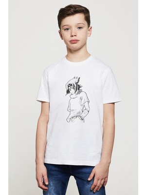 Qivi Anime Naruto Baskılı Unisex Çocuk Beyaz T-Shirt