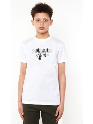 Qivi Stranger Things Bisiklet Canavar Baskılı Unisex Çocuk Beyaz T-Shirt