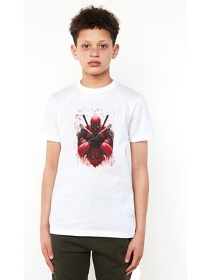 Qivi Deadpool Two Guns Baskılı Unisex Çocuk Beyaz T-Shirt