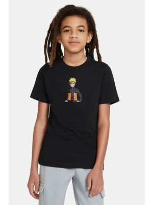 Qivi Anime Naruto Baskılı Unisex Çocuk Siyah T-Shirt