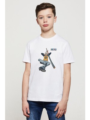 Qivi Anime One Piece Trafalgar Law Baskılı Unisex Çocuk Beyaz T-Shirt