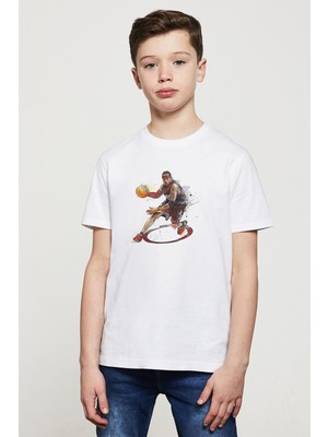 Qivi Basketci Basketbol Spor Baskılı Unisex Çocuk Beyaz T-Shirt