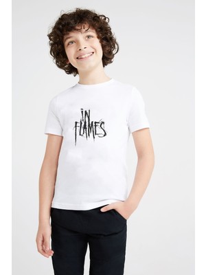 Qivi In Flames Logo Baskılı Unisex Çocuk Beyaz T-Shirt